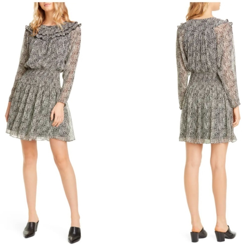 JOIE LILIANNA BLACK WHITE ROMANTIC RUFFLED SILK RUCHED SMOCKED WAIST LINED DRESS